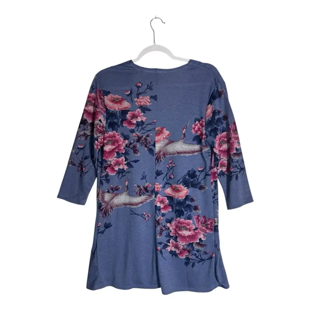 Quacker Factory Blue Embellished Floral Kimono Cardigan Rhinestone Open Front XS